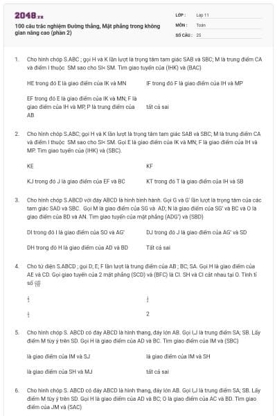 100 câu trắc nghiệm Đường thẳng, Mặt phẳng trong không gian nâng cao (phần 2)
