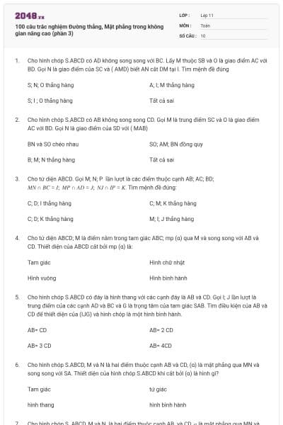 100 câu trắc nghiệm Đường thẳng, Mặt phẳng trong không gian nâng cao (phần 3)