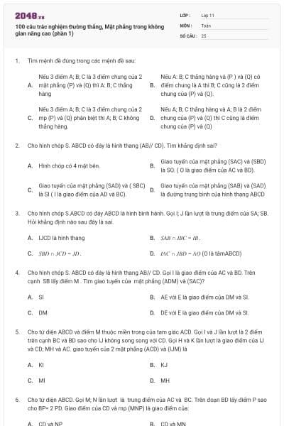 100 câu trắc nghiệm Đường thẳng, Mặt phẳng trong không gian nâng cao (phần 1)