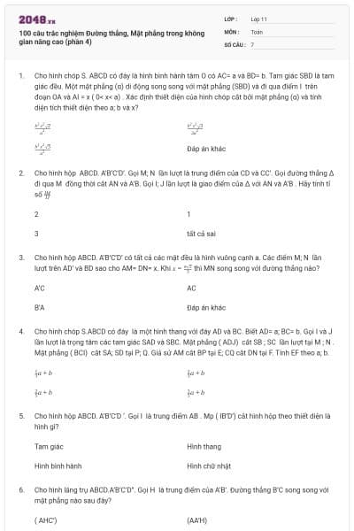 100 câu trắc nghiệm Đường thẳng, Mặt phẳng trong không gian nâng cao (phần 4)