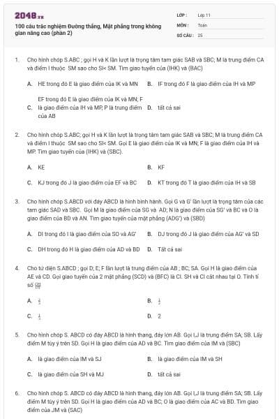100 câu trắc nghiệm Đường thẳng, Mặt phẳng trong không gian nâng cao (phần 2)