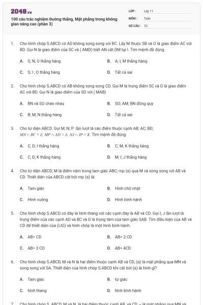 100 câu trắc nghiệm Đường thẳng, Mặt phẳng trong không gian nâng cao (phần 3)