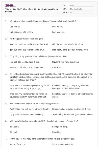 Trắc nghiệm GDCD 6 Bài 15 (có đáp án): Quyền và nghĩa vụ học tập
