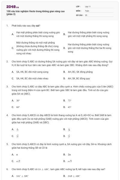 100 câu trắc nghiệm Vecto trong không gian nâng cao (phần 3)