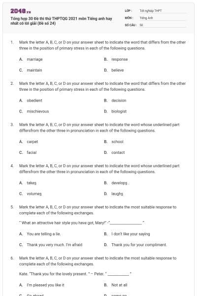 Tổng hợp 30 Đề thi thử THPTQG 2021 môn Tiếng anh hay nhất có lời giải (Đề số 24)