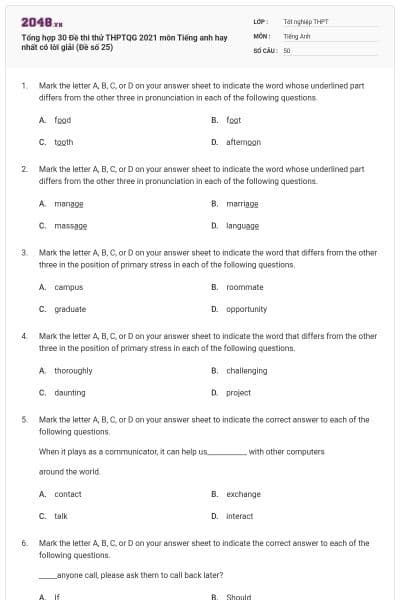 Tổng hợp 30 Đề thi thử THPTQG 2021 môn Tiếng anh hay nhất có lời giải (Đề số 25)