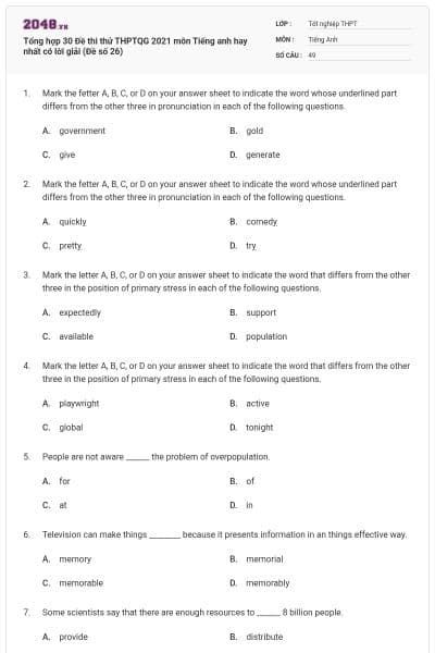 Tổng hợp 30 Đề thi thử THPTQG 2021 môn Tiếng anh hay nhất có lời giải (Đề số 26)