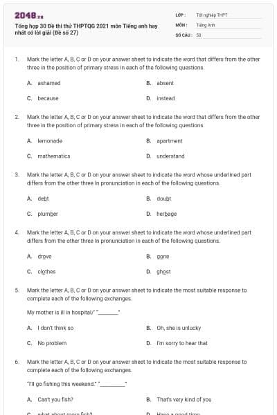 Tổng hợp 30 Đề thi thử THPTQG 2021 môn Tiếng anh hay nhất có lời giải (Đề số 27)