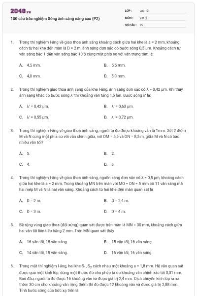 100 câu trắc nghiệm Sóng ánh sáng nâng cao (P2)