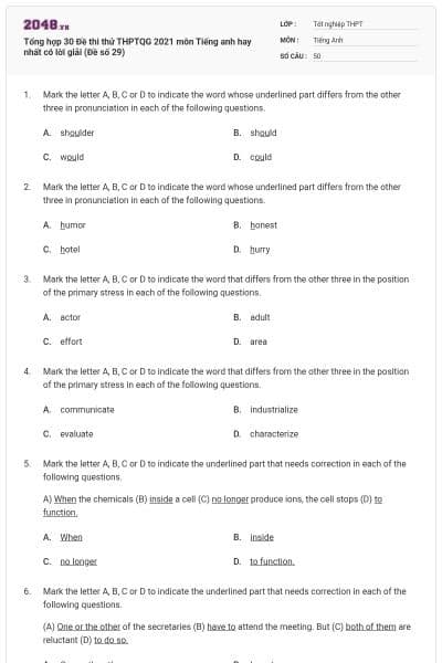 Tổng hợp 30 Đề thi thử THPTQG 2021 môn Tiếng anh hay nhất có lời giải (Đề số 29)