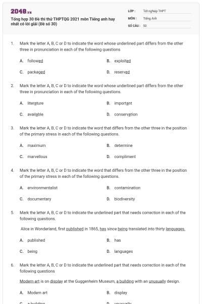 Tổng hợp 30 Đề thi thử THPTQG 2021 môn Tiếng anh hay nhất có lời giải (Đề số 30)