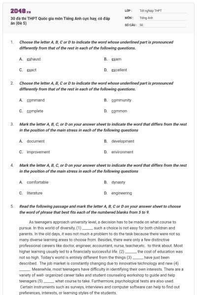 30 đề thi THPT Quốc gia môn Tiếng Anh cực hay, có đáp án (Đề 5)