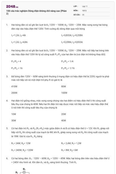 100 câu trắc nghiệm Dòng điện không đổi nâng cao (Phần 2)