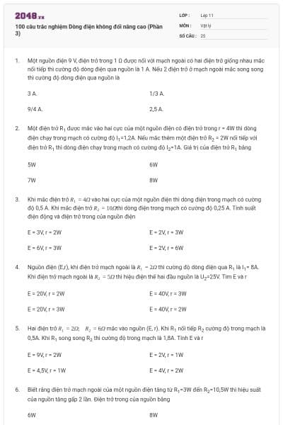 100 câu trắc nghiệm Dòng điện không đổi nâng cao (Phần 3)