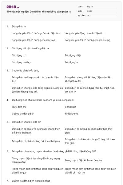 100 câu trắc nghiệm Dòng điện không đổi cơ bản (phần 1)