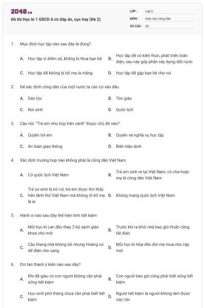 Đề thi Học kì 1 GDCD 6 có đáp án, cực hay (Đề 2)