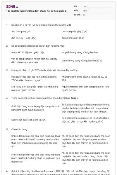 100 câu trắc nghiệm Dòng điện không đổi cơ bản (phần 2)