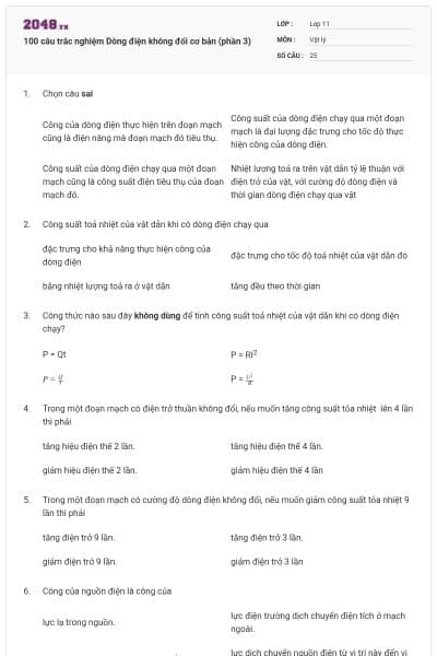 100 câu trắc nghiệm Dòng điện không đổi cơ bản (phần 3)