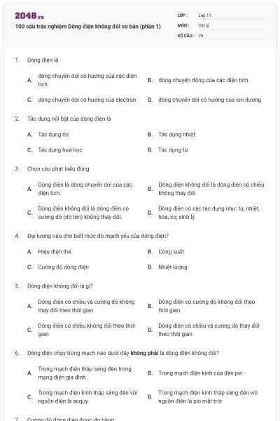 100 câu trắc nghiệm Dòng điện không đổi cơ bản (phần 1)