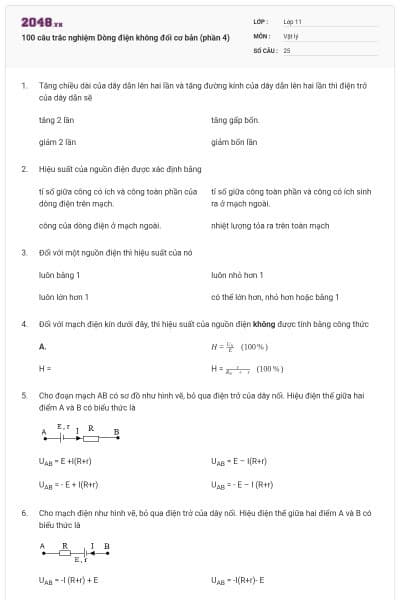 100 câu trắc nghiệm Dòng điện không đổi cơ bản (phần 4)