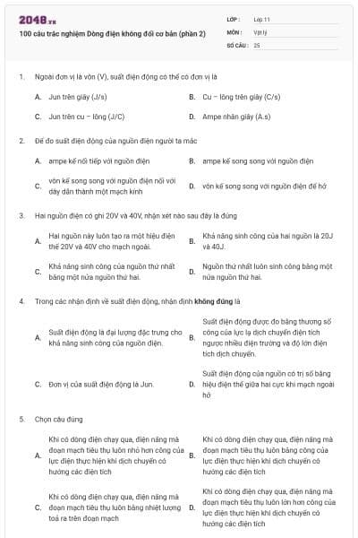 100 câu trắc nghiệm Dòng điện không đổi cơ bản (phần 2)