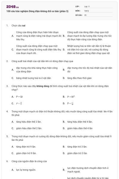 100 câu trắc nghiệm Dòng điện không đổi cơ bản (phần 3)