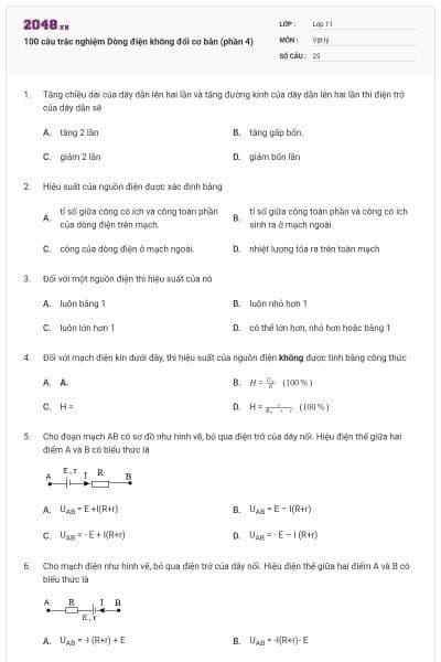 100 câu trắc nghiệm Dòng điện không đổi cơ bản (phần 4)