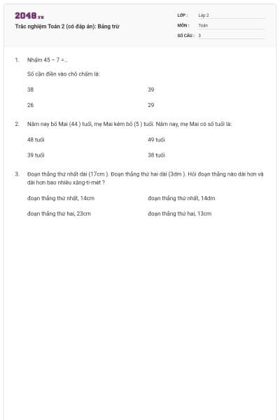 Trắc nghiệm Toán 2 (có đáp án): Bảng trừ