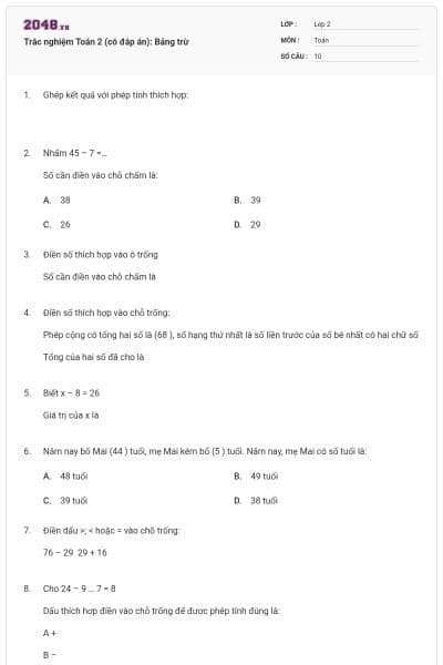 Trắc nghiệm Toán 2 (có đáp án): Bảng trừ