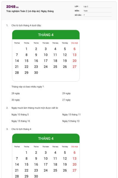Trắc nghiệm Toán 2 (có đáp án): Ngày, tháng
