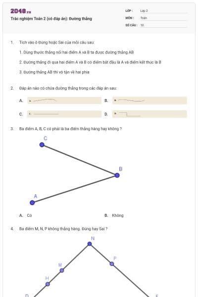 Trắc nghiệm Toán 2 (có đáp án): Đường thẳng