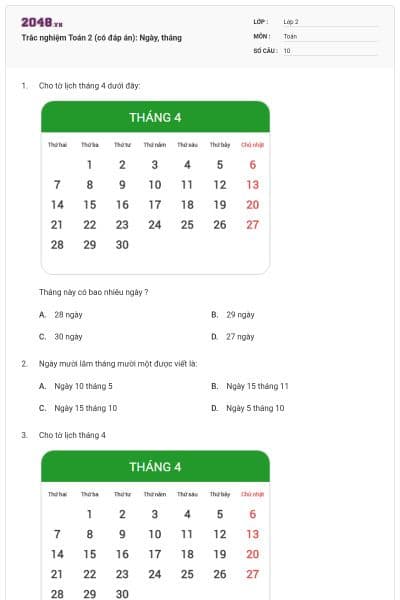 Trắc nghiệm Toán 2 (có đáp án): Ngày, tháng