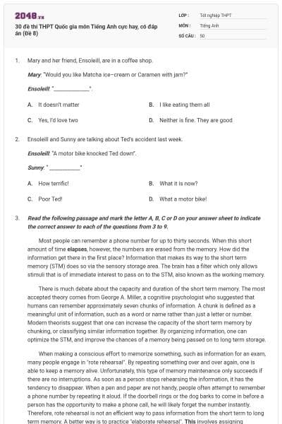 30 đề thi THPT Quốc gia môn Tiếng Anh cực hay, có đáp án (Đề 8)