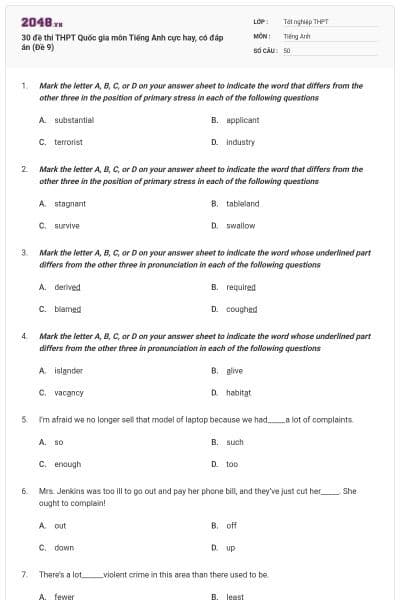 30 đề thi THPT Quốc gia môn Tiếng Anh cực hay, có đáp án (Đề 9)