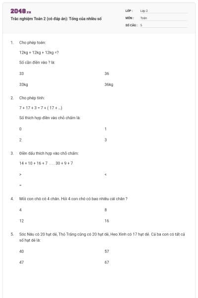 Trắc nghiệm Toán 2 (có đáp án): Tổng của nhiều số