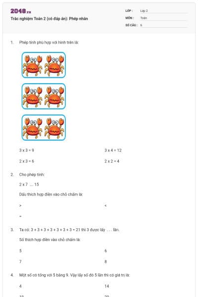 Trắc nghiệm Toán 2 (có đáp án): Phép nhân