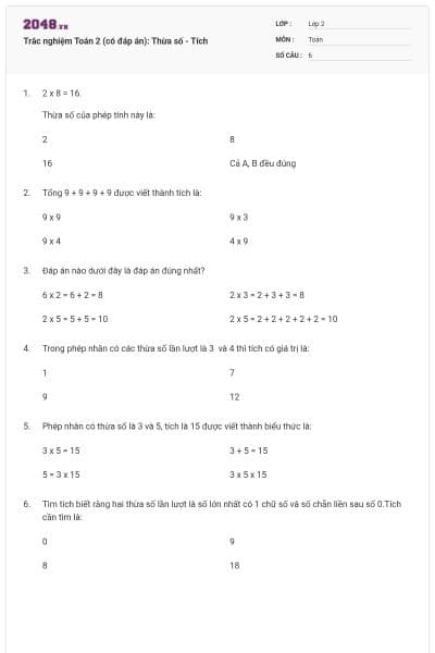 Trắc nghiệm Toán 2 (có đáp án): Thừa số - Tích