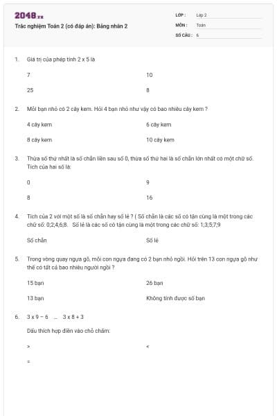 Trắc nghiệm Toán 2 (có đáp án): Bảng nhân 2