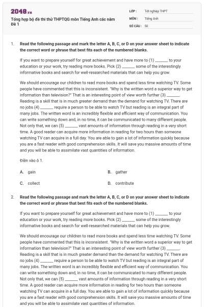 Tổng hợp bộ đề thi thử THPTQG môn Tiếng Anh các năm Đề 1