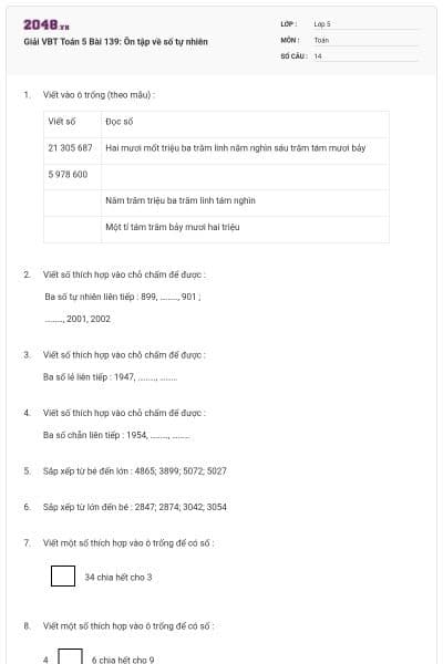 Giải VBT Toán 5 Bài 139: Ôn tập về số tự nhiên