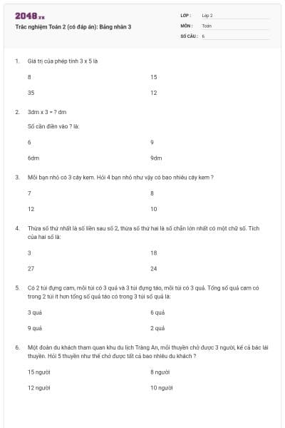 Trắc nghiệm Toán 2 (có đáp án): Bảng nhân 3