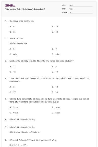 Trắc nghiệm Toán 2 (có đáp án): Bảng nhân 3