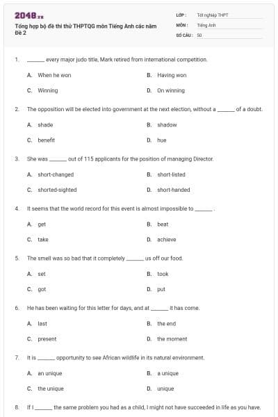 Tổng hợp bộ đề thi thử THPTQG môn Tiếng Anh các năm Đề 2