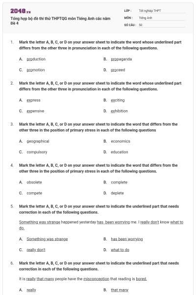 Tổng hợp bộ đề thi thử THPTQG môn Tiếng Anh các năm Đề 4