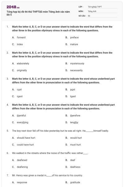 Tổng hợp bộ đề thi thử THPTQG môn Tiếng Anh các năm Đề 5