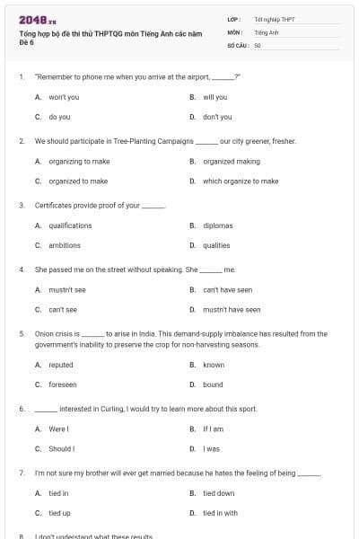 Tổng hợp bộ đề thi thử THPTQG môn Tiếng Anh các năm Đề 6