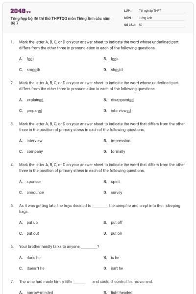 Tổng hợp bộ đề thi thử THPTQG môn Tiếng Anh các năm Đề 7