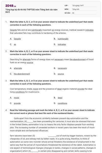 Tổng hợp bộ đề thi thử THPTQG môn Tiếng Anh các năm Đề 8
