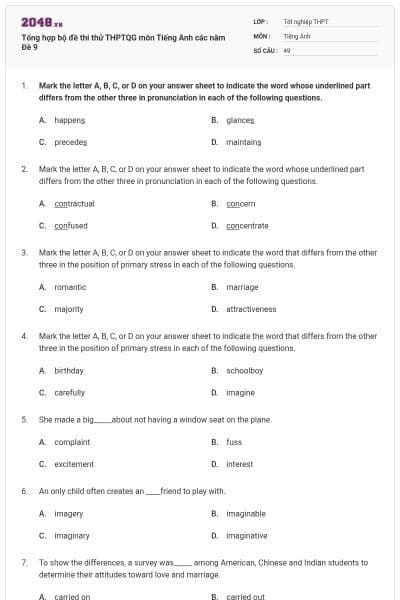 Tổng hợp bộ đề thi thử THPTQG môn Tiếng Anh các năm Đề 9