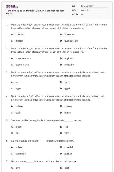 Tổng hợp bộ đề thi thử THPTQG môn Tiếng Anh các năm Đề 10
